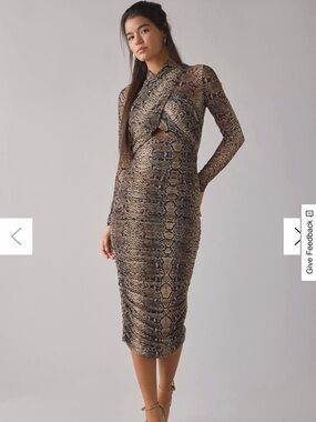 Bardot Aliyah Snakeskin Print Mesh Long Sleeve Cut-Out Midi Dress NWT - Size S